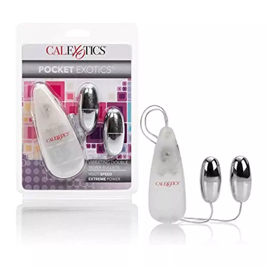 CalExotics Pocket Exotics Wired Remote Double Bullet Vibrator - Sex Toys for Couples - Adult Vibe Eggs Massager - Silver