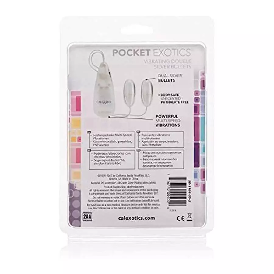 CalExotics Pocket Exotics Wired Remote Double Bullet Vibrator - Sex Toys for Couples - Adult Vibe Eggs Massager - Silver