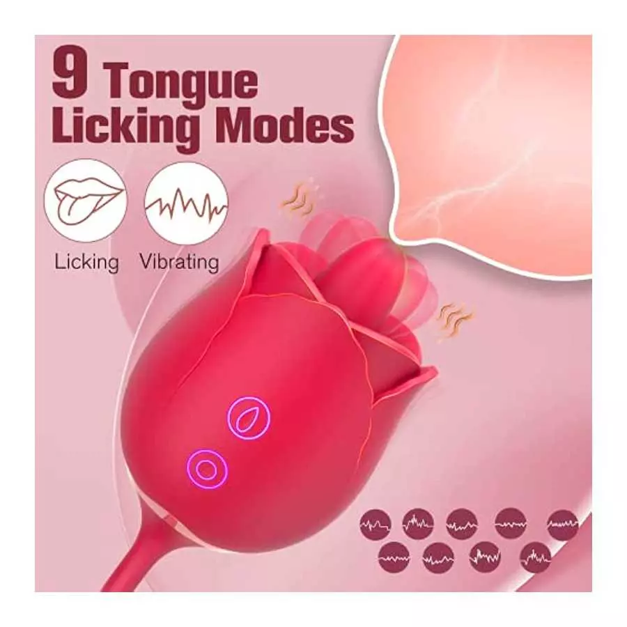 Rose Sex Stimulator for Women, Female Clitoral Vibrator with Tongue Licking and Thrusting Pulse Dildo Bullet with 9 Modes, Adult