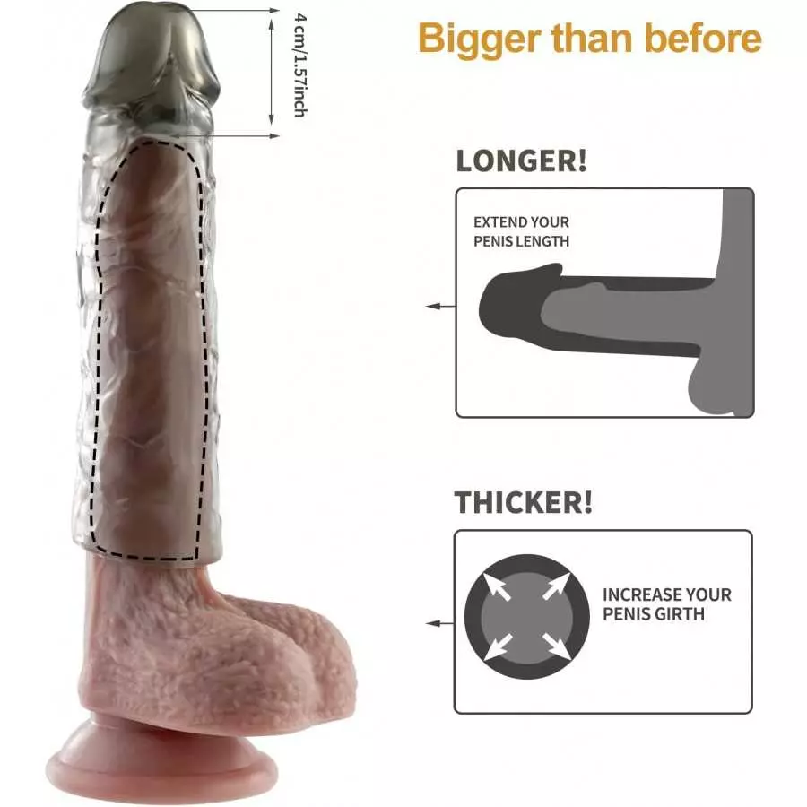 Super Stretchy Reusable Penis Sleeve Extender Set, Soft Realistic Cock Enlargers Extension Sex Toys for Men, Black