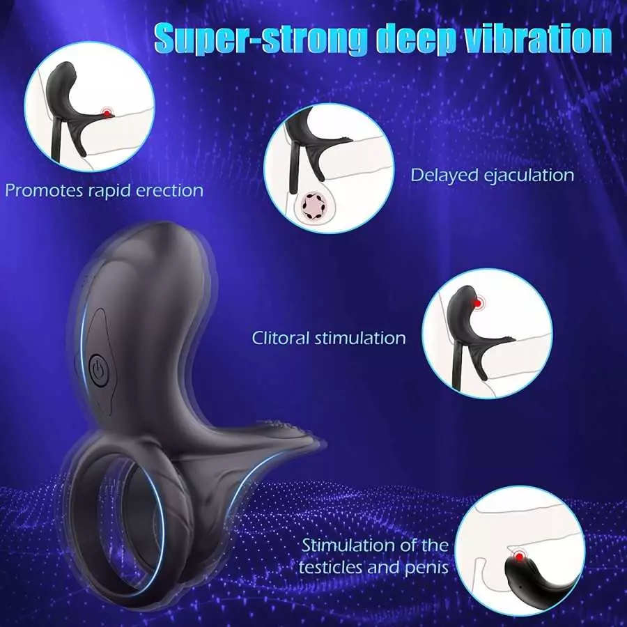 Vibrating Cock Ring, FOBONO Silicone Penis Ring with 10 Intense Vibration Modes, Double Ring Mens Vibrator for Longer Harder Str