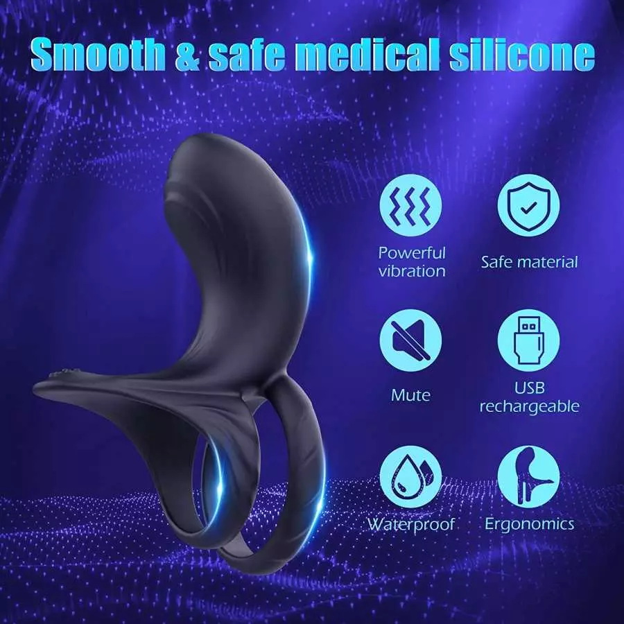 Vibrating Cock Ring, FOBONO Silicone Penis Ring with 10 Intense Vibration Modes, Double Ring Mens Vibrator for Longer Harder Str