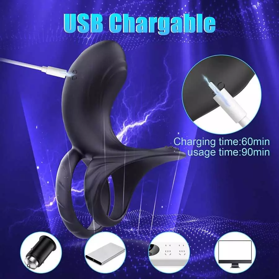 Vibrating Cock Ring, FOBONO Silicone Penis Ring with 10 Intense Vibration Modes, Double Ring Mens Vibrator for Longer Harder Str