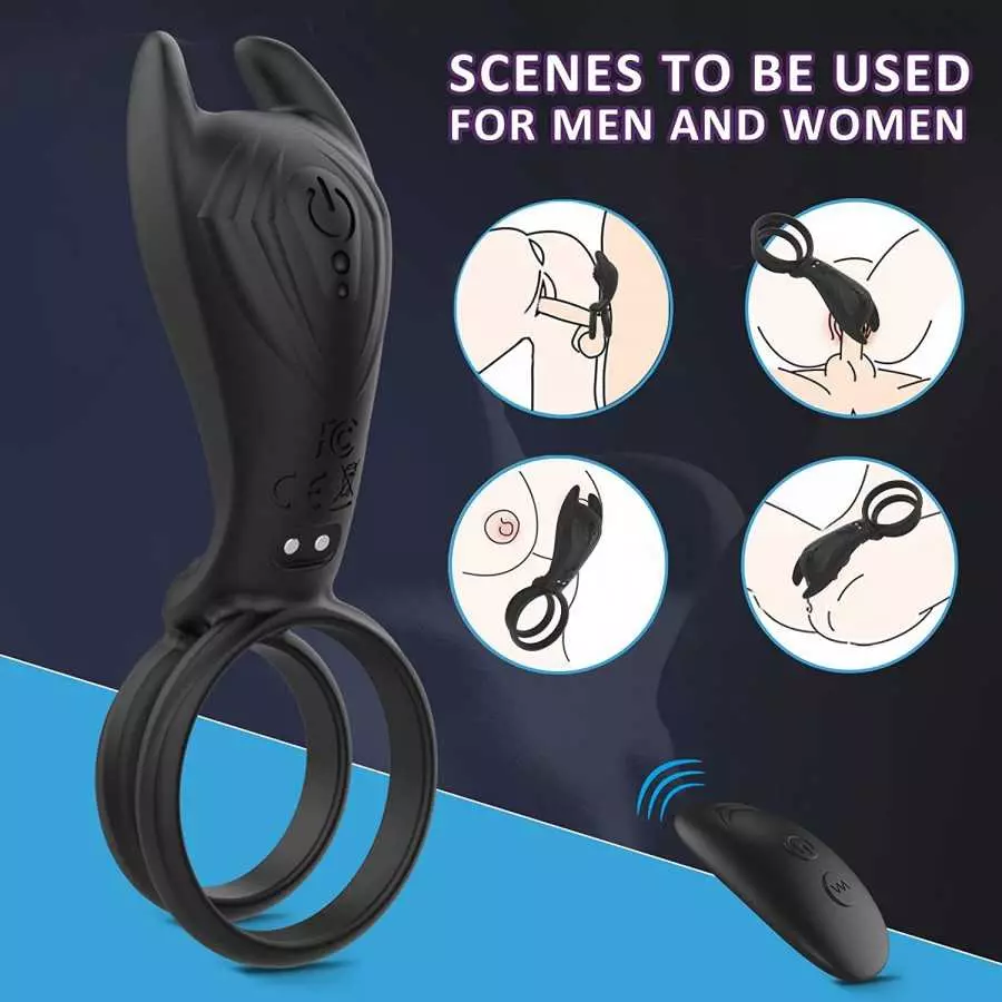 Vibrating Penis Ring with Remote Control for Men Couples,Dual Cock Rings Soft Silicone 10 Vibration Mode Rabbit Clit Vibrators S