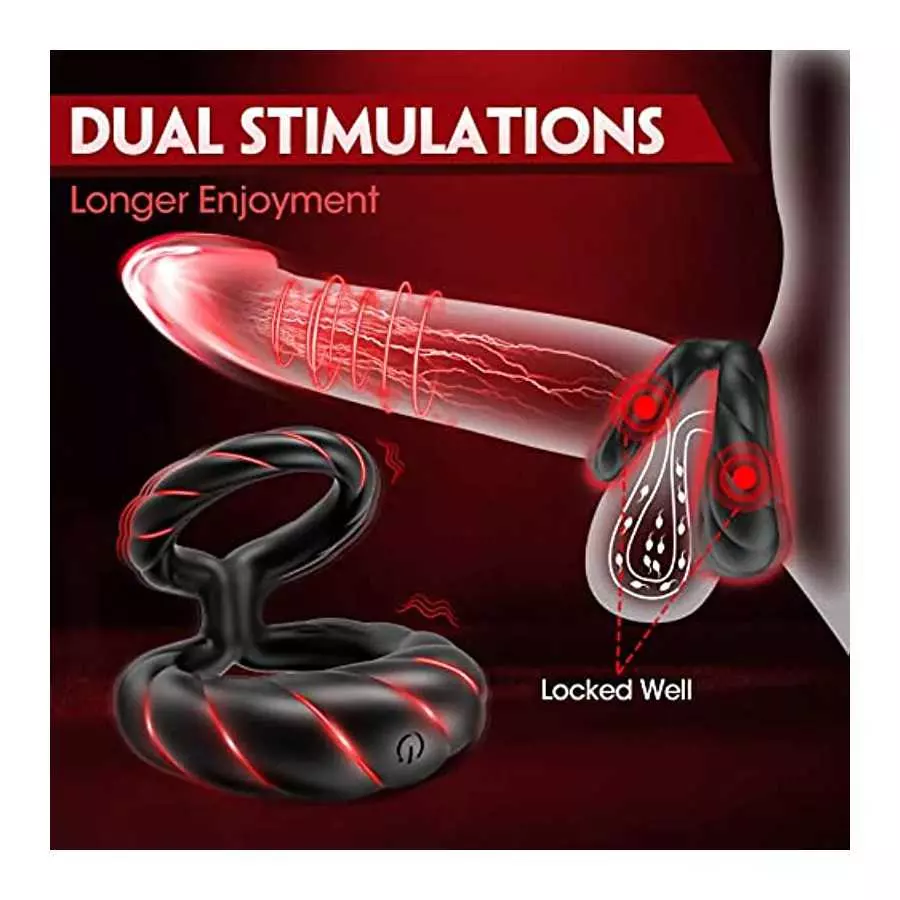 Vibrating Cock Ring, Double Penis Ring Vibrator with 10 Vibration Modes, Adult Male Sex Toys for Men Longer Harder Stronger, Sil