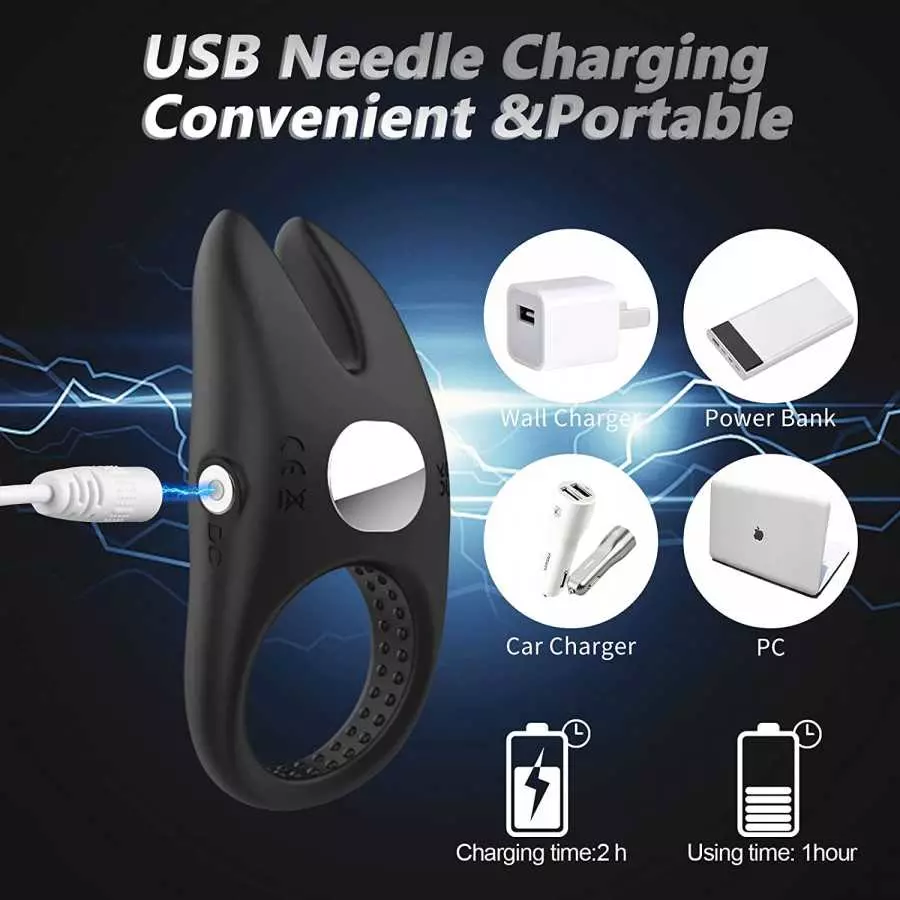 Silicone Penis Ring for Men Vibrating Cock Ring with Rabbit Design, Rechargeable Penis Ring Vibrator with 10 Vibration Modes, CU