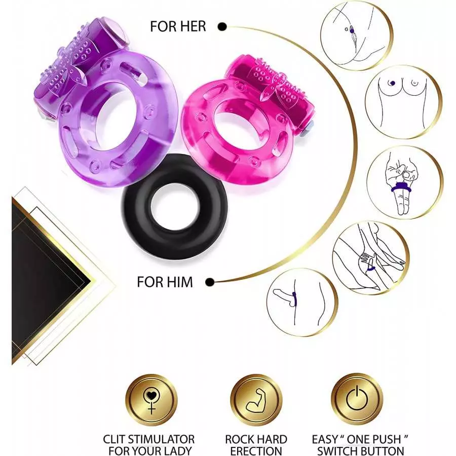VIARDEJI® Vibrating Cock Ring Sex Toys – 2 Penis Rings w. Clit Stimulator & 1 Cock Ring for Better Stronger Erection