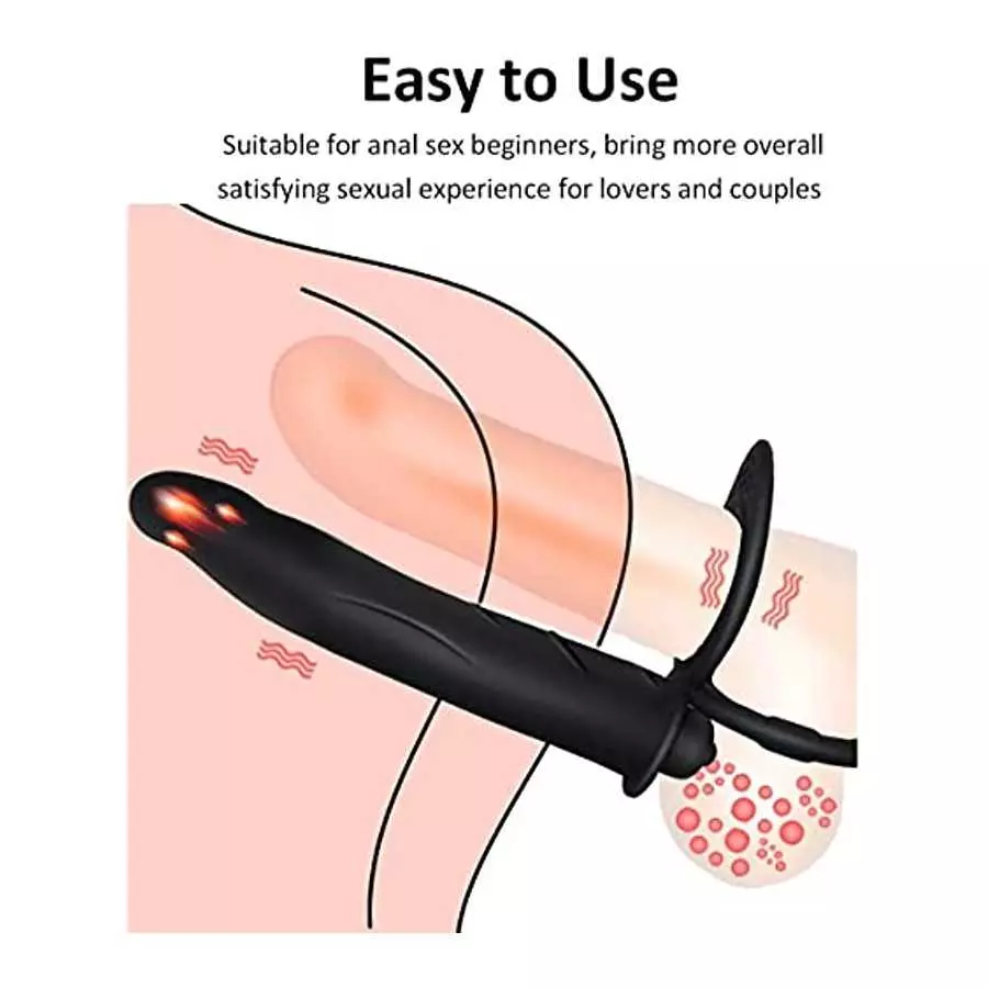 Silicone Strap On Penis Butt Plug, Double Penetration Dildo Vibrator with Cock Ring, Delay Ejaculation Anus Plug Massager Adult