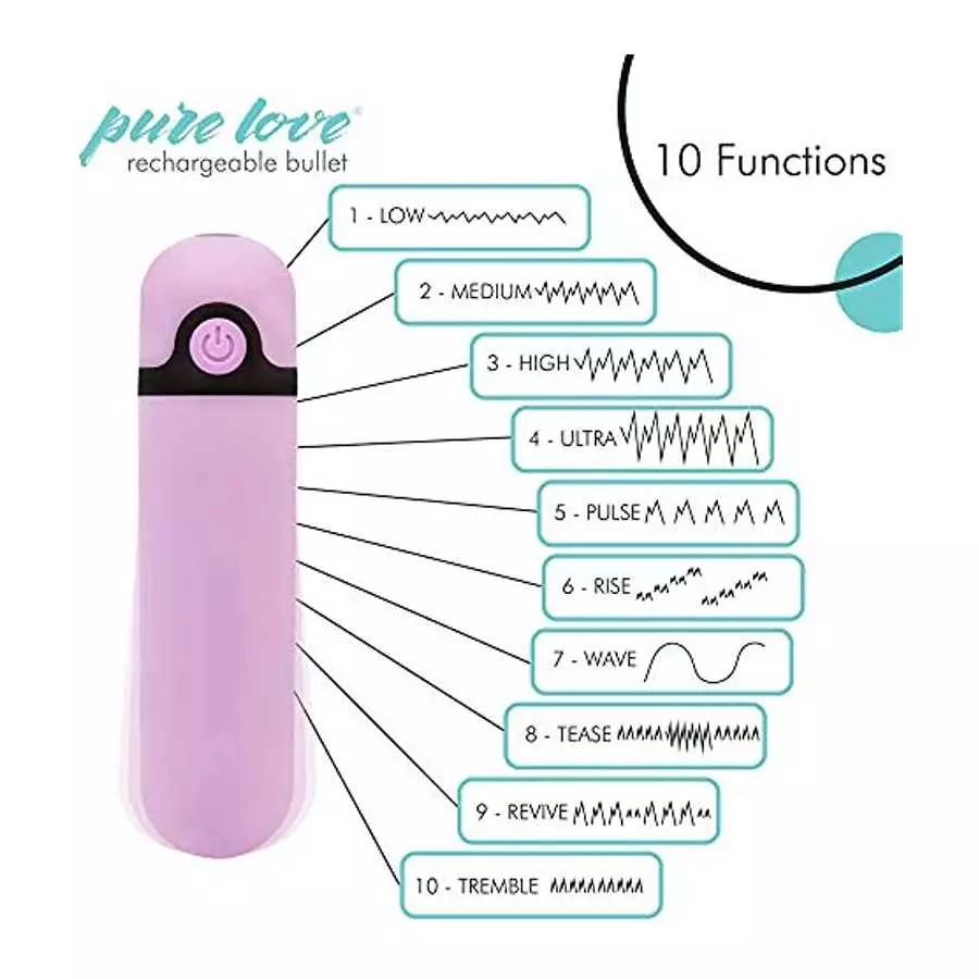 Pure Love 3.5 Inch Rechargeable Bullet Vibrator Purple, Waterproof, 10 Functions, Adult Sex Toy
