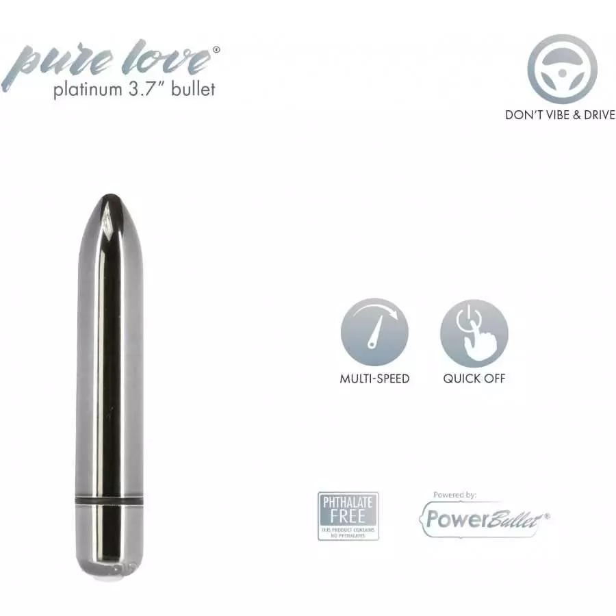 Pure Love 3.7 Inch Vibrating Bullet Platinum Color, Waterproof with variable touch speed control, Adult Sex Toy, Metallic Grey V
