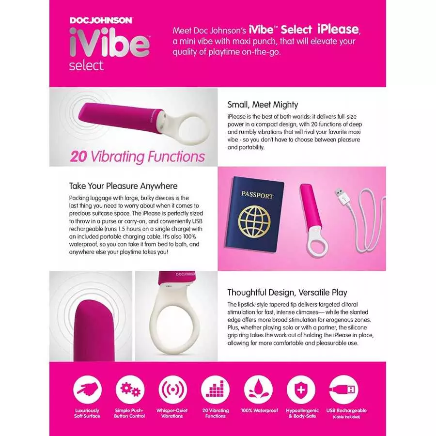 Doc Johnson iVibe Select - iPlease - Powerful 20 Function Vibrator with Silicone Grip Ring - Quiet Motor, Small Size, Waterproof