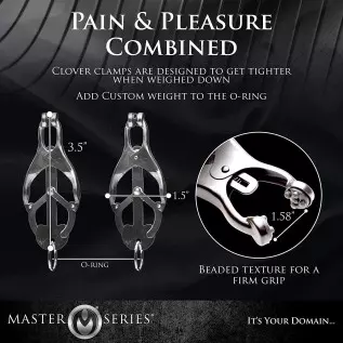 Master Series Black Japanese Clover Nipple Clamps with Chain, Clip On Metal Finish Clamp Set for Nipples, For Women, Men, Couple Master Series Black Japanese Clover Nipple Clamps with Chain, Clip On Metal Finish Clamp Set for Nipples, For Women, Men, Couple