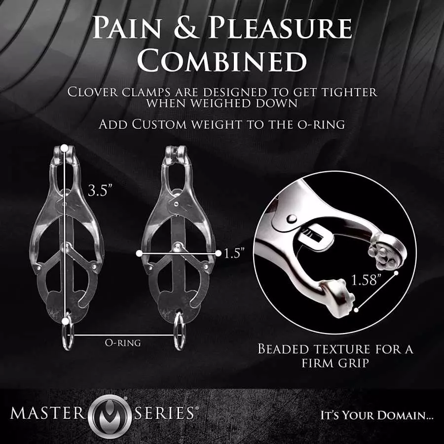 Master Series Black Japanese Clover Nipple Clamps with Chain, Clip On Metal Finish Clamp Set for Nipples, For Women, Men, Couple