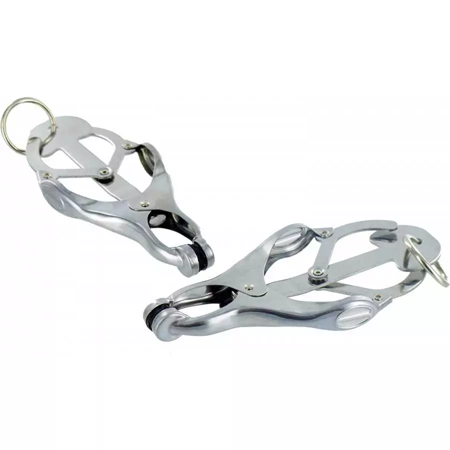 Master Series Black Japanese Clover Nipple Clamps with Chain, Clip On Metal Finish Clamp Set for Nipples, For Women, Men, Couple