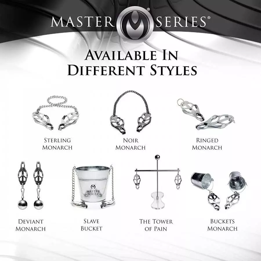 Master Series Black Japanese Clover Nipple Clamps with Chain, Clip On Metal Finish Clamp Set for Nipples, For Women, Men, Couple