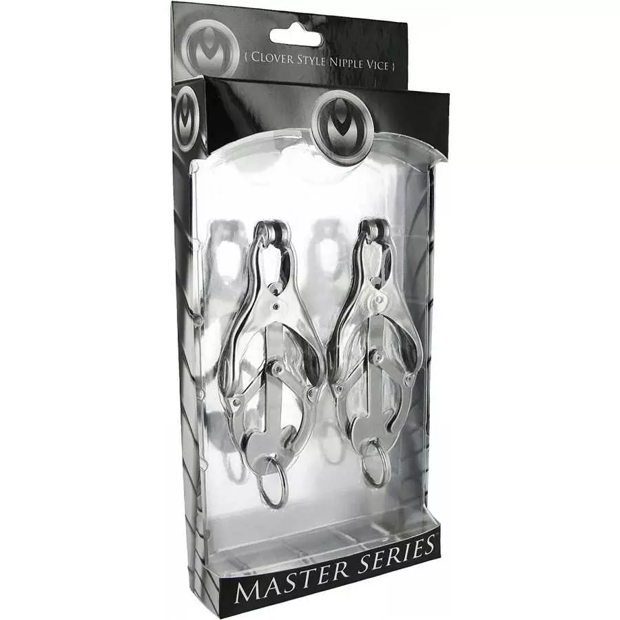 Master Series Black Japanese Clover Nipple Clamps with Chain, Clip On Metal Finish Clamp Set for Nipples, For Women, Men, Couple