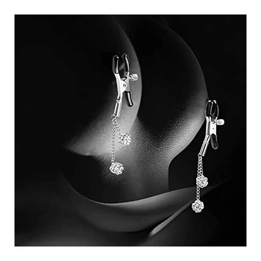 Sex Nipple Clip Clamps with Metal Chain, Bed Secret Body Non-Piercing Silver Breast Clips Jewelry, Adjustable BDSM Bondage Restr