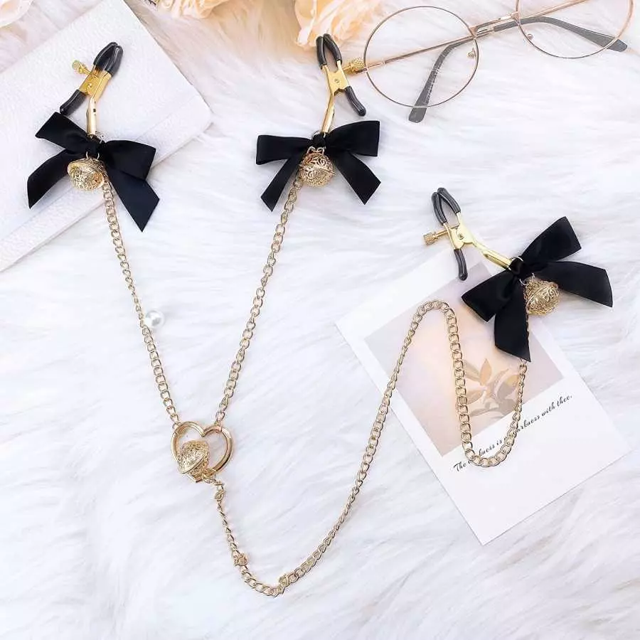 Three Heads Nipple Clamps with Chain, Bow-knot Nipple Clips Nipple Jewelry Non Piercing, Nipple Toys for Womens Pleasure