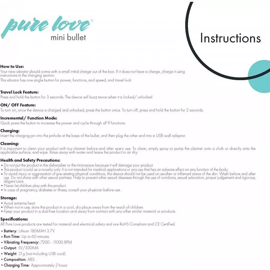 Pure Love Mini Bullet Vibrator, Rechargeable, Travel Size, Adult Sex Toy, Pink Color