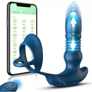 Thrusting Anal Vibrator Prostate Massager with Cock Ring, Krumppo App & Remote Control Anal Sex Toy with 9 Thrusting & Vibrating