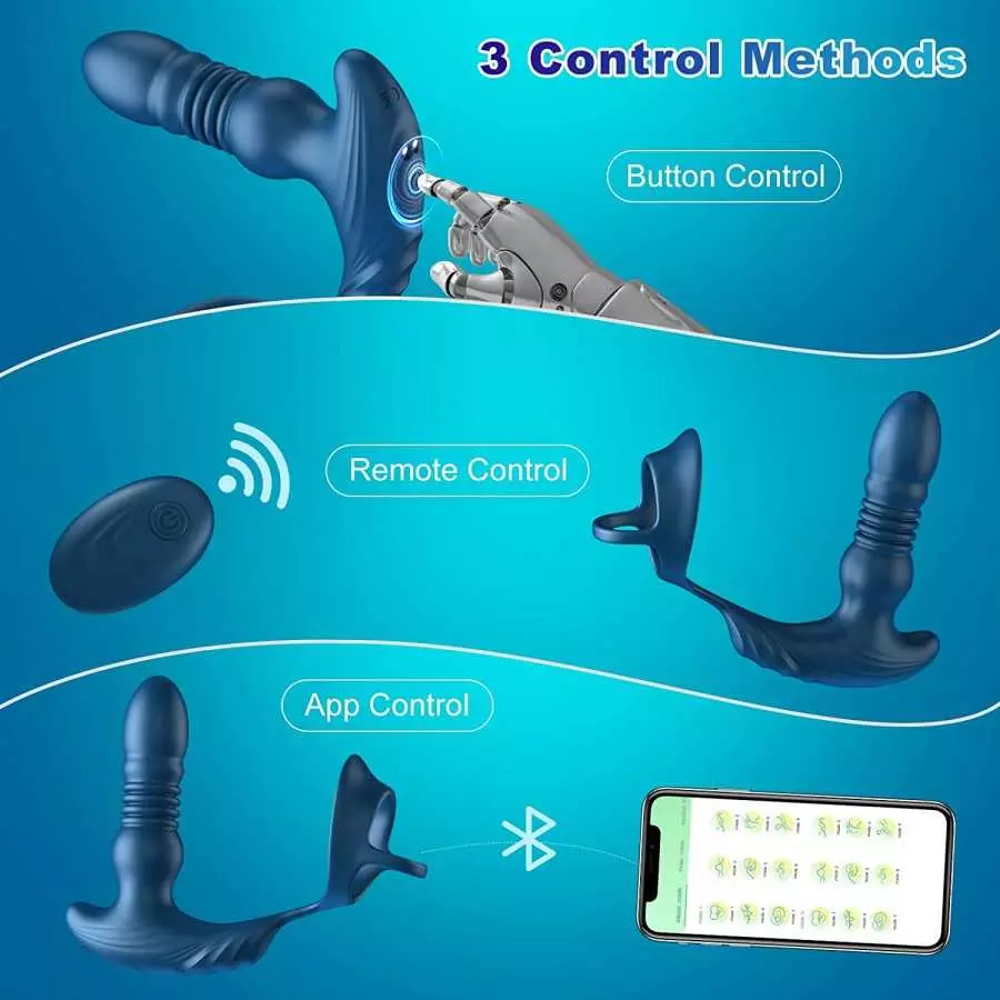 Thrusting Anal Vibrator Prostate Massager with Cock Ring, Krumppo App & Remote Control Anal Sex Toy with 9 Thrusting & Vibrating