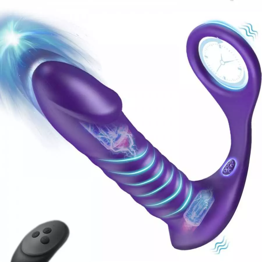Thrusting Anal Vibrator with Thick Penis Ring, 3*10 Vibrating&Telescopic Prostate Massager Vibrator Dildo Shaped Anal Plug, TIVI
