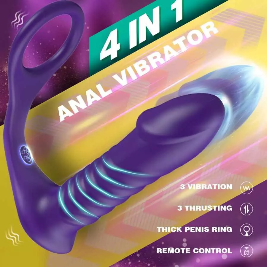 Thrusting Anal Vibrator with Thick Penis Ring, 3*10 Vibrating&Telescopic Prostate Massager Vibrator Dildo Shaped Anal Plug, TIVI
