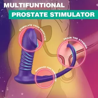 Thrusting Anal Vibrator with Thick Penis Ring, 3*10 Vibrating&Telescopic Prostate Massager Vibrator Dildo Shaped Anal Plug, TIVI