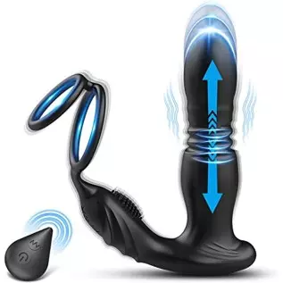 Thrusting Anal Vibrator with Cock Ring, 3 in 1 Male Anal Sex Toys Prostate Massager, Plug Anal Vibrator with Thick Penis Ring, T