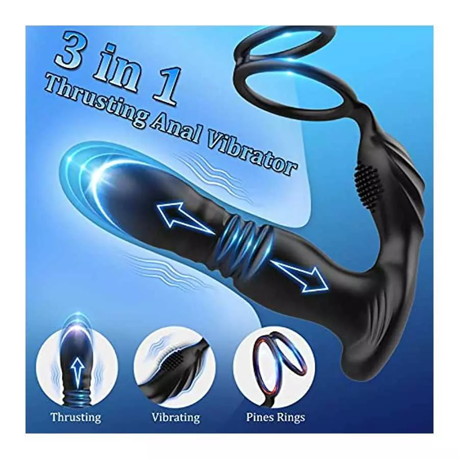 Thrusting Anal Vibrator with Cock Ring, 3 in 1 Male Anal Sex Toys Prostate Massager, Plug Anal Vibrator with Thick Penis Ring, T
