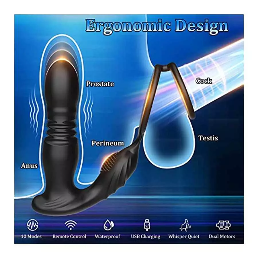 Thrusting Anal Vibrator with Cock Ring, 3 in 1 Male Anal Sex Toys Prostate Massager, Plug Anal Vibrator with Thick Penis Ring, T