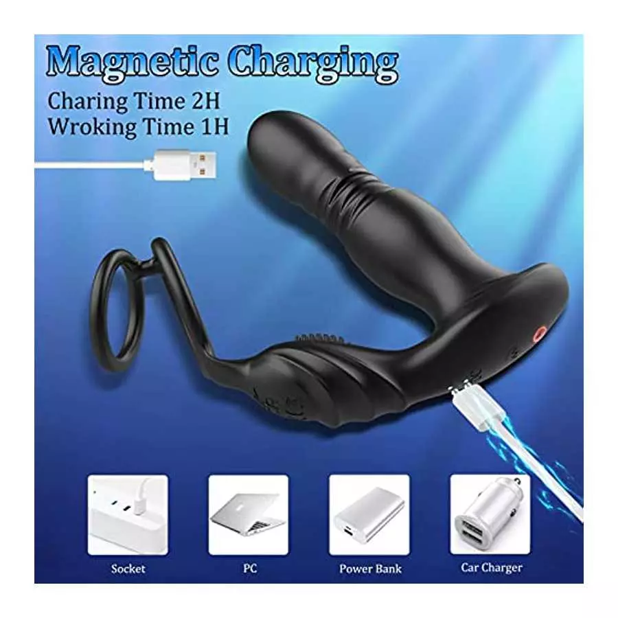 Thrusting Anal Vibrator with Cock Ring, 3 in 1 Male Anal Sex Toys Prostate Massager, Plug Anal Vibrator with Thick Penis Ring, T