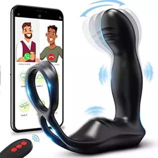 Wiggling & Vibrating Anal Vibrator Prostate Massager with Cock Ring for Men Pleasure, APP Remote Control Male Anus Stimulator Bu