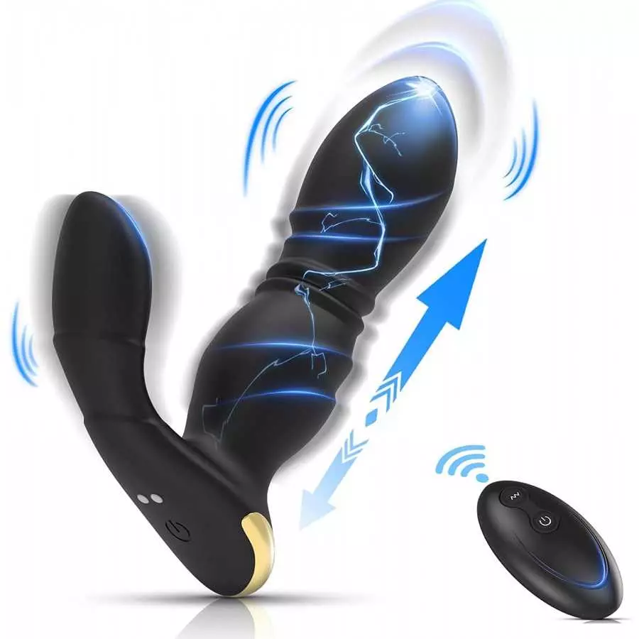 Thrusting Anal Vibrator Prostate Massager with Penis Ring- Vibrating Dildo Anal Toy Butt Plug with 9 Thrust & Vibration Modes, A
