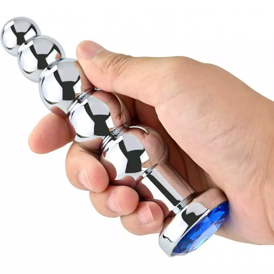 Anal Beads, Blue Jewelry Metal Butt Plug Anal Trainer Toys with 5 Graduated Balls Fetish Kinky Sex Love Tools for Couple Lover