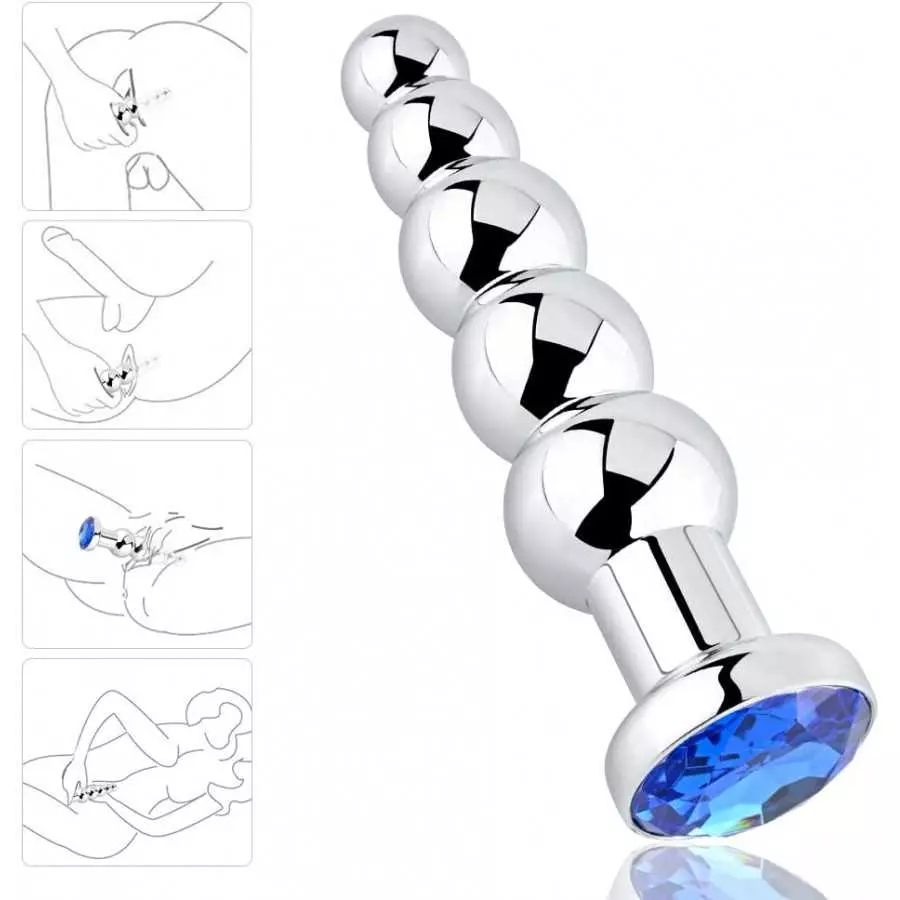 Anal Beads, Blue Jewelry Metal Butt Plug Anal Trainer Toys with 5 Graduated Balls Fetish Kinky Sex Love Tools for Couple Lover