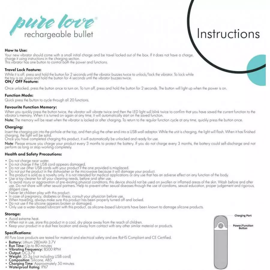 Pure Love Rechargeable Vibrating Bullet Purple, Waterproof, Multispeed and Multifunction, Adult Sex Toy