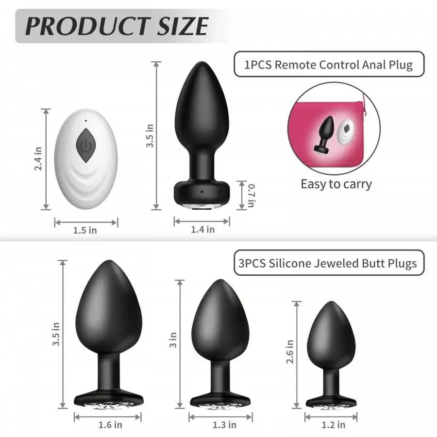 Anal Plug Vibrating Butt Plug - Anal Sex Toys Trainer 3PCS Silicone Jeweled Butt Plugs and 1PCS Remote Control 9 Vibration Modes