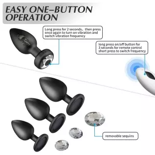 Anal Plug Vibrating Butt Plug - Anal Sex Toys Trainer 3PCS Silicone Jeweled Butt Plugs and 1PCS Remote Control 9 Vibration Modes
