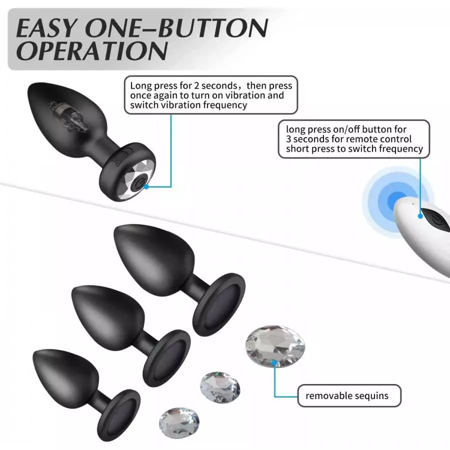 Anal Plug Vibrating Butt Plug - Anal Sex Toys Trainer 3PCS Silicone Jeweled Butt Plugs and 1PCS Remote Control 9 Vibration Modes