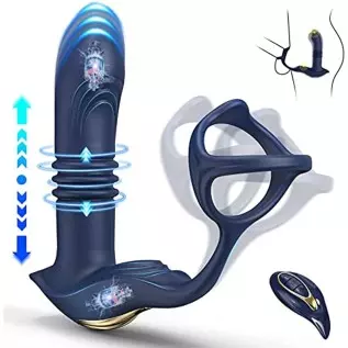 Thrusting Anal Vibrators Prostate Massager with Dual Cock Ring,Silicone Butt Plug 3 Thrusting Modes & 11 Vibration Modes Male Pr