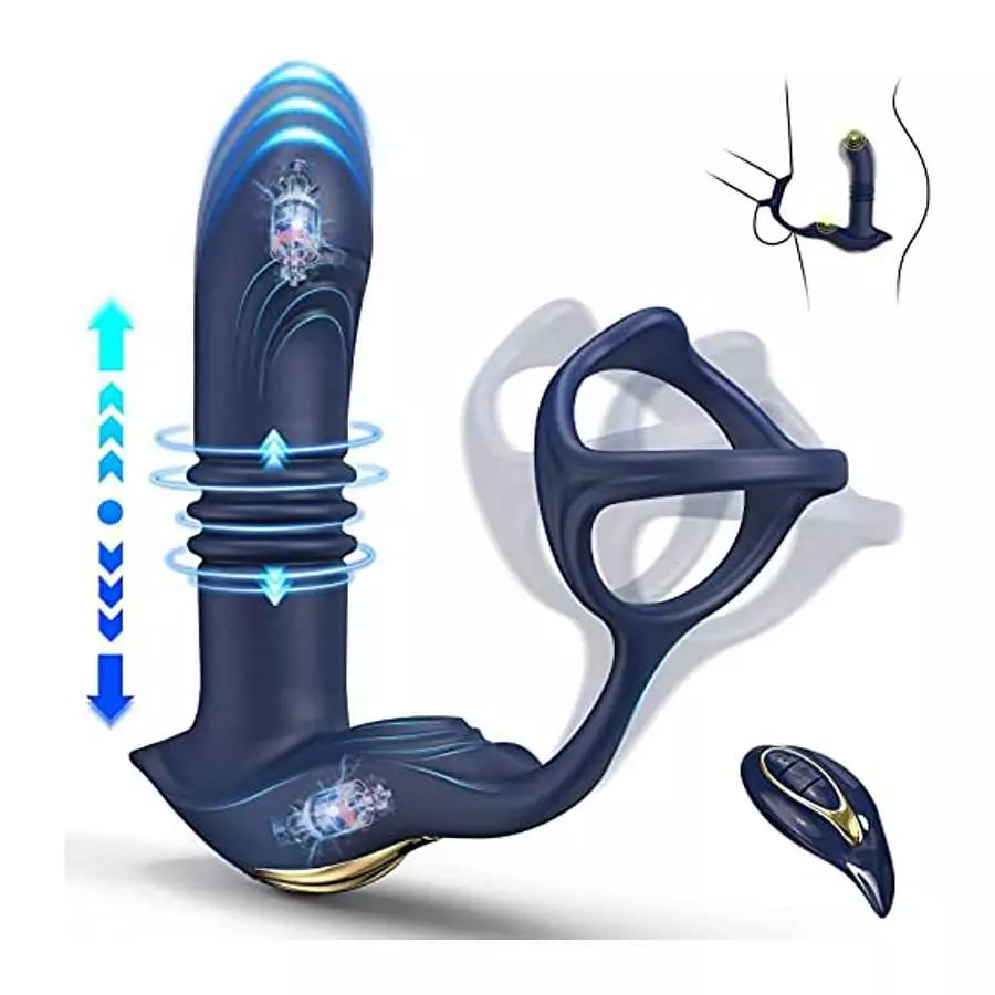 Thrusting Anal Vibrators Prostate Massager with Dual Cock Ring,Silicone Butt Plug 3 Thrusting Modes & 11 Vibration Modes Male Pr