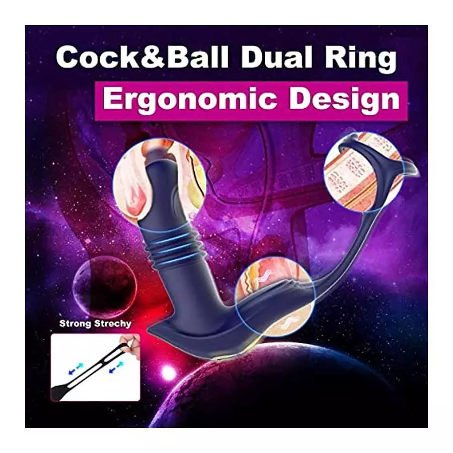 Thrusting Anal Vibrators Prostate Massager with Dual Cock Ring,Silicone Butt Plug 3 Thrusting Modes & 11 Vibration Modes Male Pr