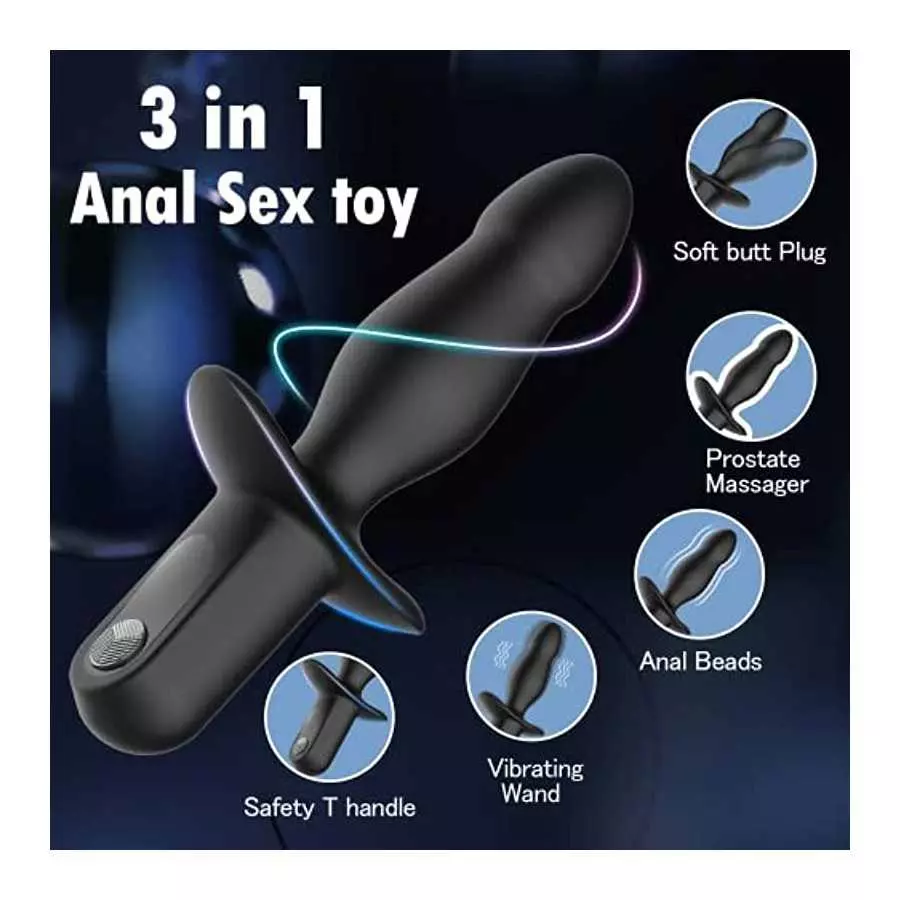 Vibrating Anal Plug with Anal Beads - Butt Plug Sex Toy with Safety Handle for Male Prostate Massager, 10 Powerful Vibration Sof