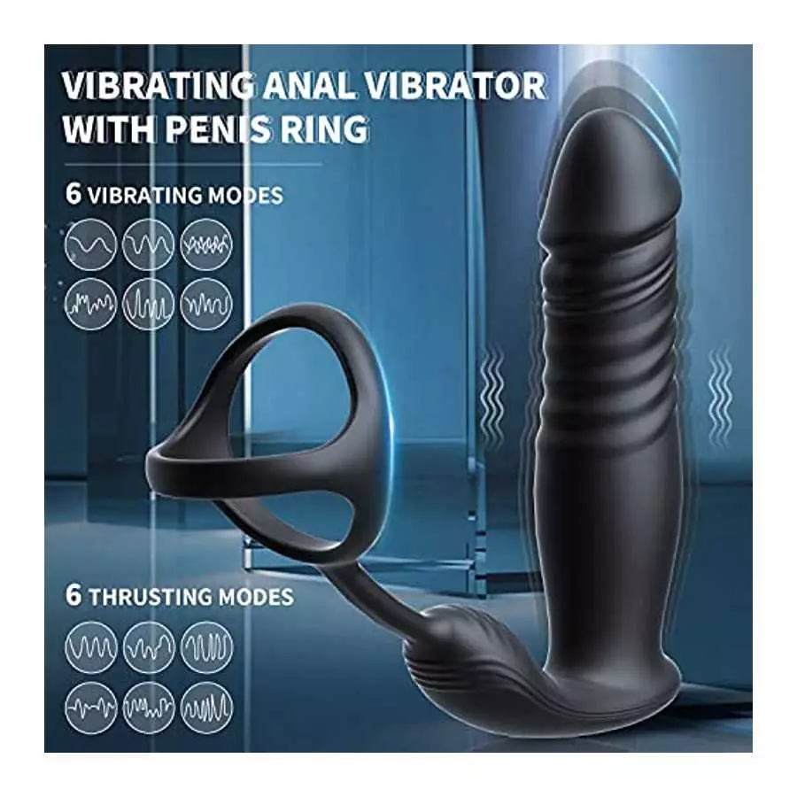 Thrusting Dildo Sex Toys Prostate Massager with Penis Ring Vibrating Cock Ring 6 Vibrating & 6 Thrusting Modes Anal Plug Male Se