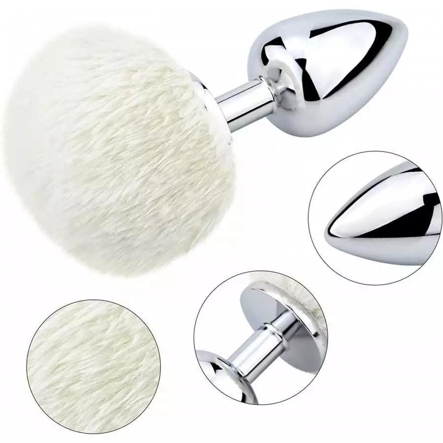 Bunny Tail Anal Plug, Metal Butt Plug with White Fluffy Rabbit Tail for Anal Sex Toys for Women Fun Sex Games (Medium)
