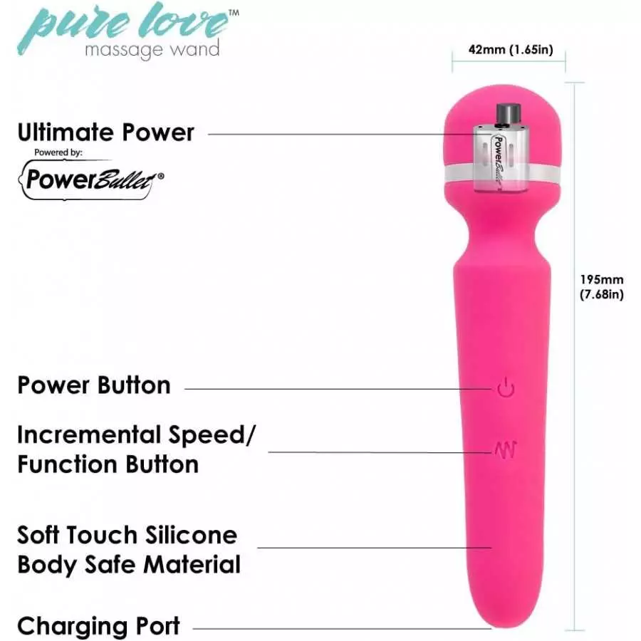 Pure Love Vibrator Wand, Personal Body Massager, Rechargeable Usb, Pink