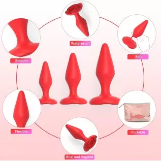 Anal Butt Plug Rose Sex Toy for Women, Pack of 3 Silicone Anal Trainer Prostate Adult Toys for Couple (Red)