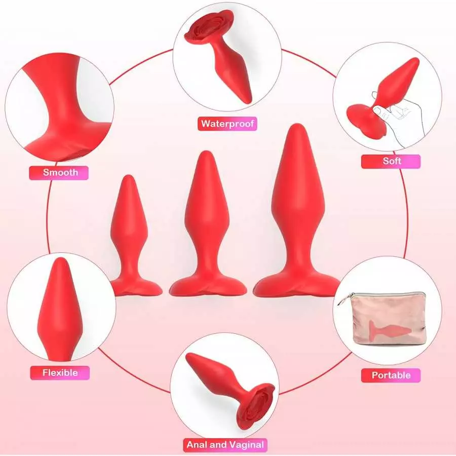 Anal Butt Plug Rose Sex Toy for Women, Pack of 3 Silicone Anal Trainer Prostate Adult Toys for Couple (Red)