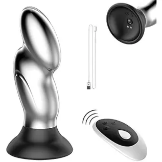 G-spot Anal Plug Metal Vibrator, Vibrating Prostate Massager Dildo with Suction Cup for Hands-Free, Remote Control 10 Vibrations